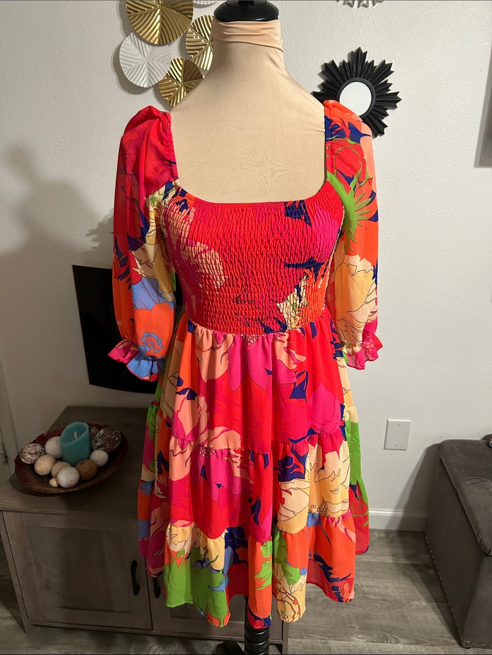 SHEIN Red Floral Smocked Tiered Mini Dress